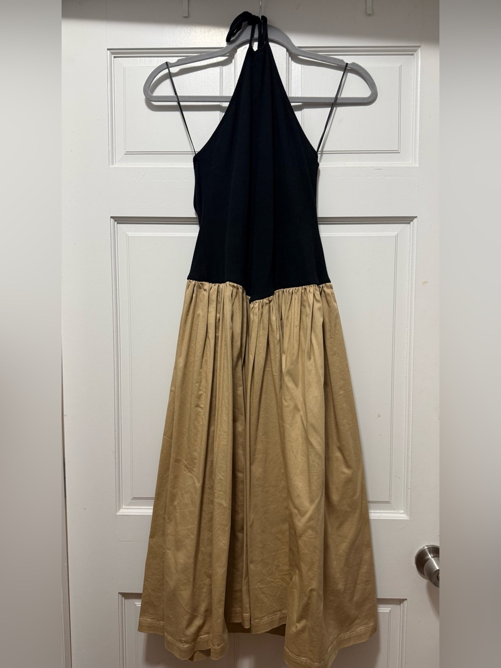 Black and Tan Twofer Basque waist Halter Midi Dress